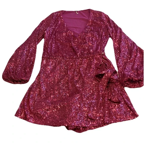 NWOT Free People  Christa Pink Sequin Wrap Romper  W/ Tie Belt - Size M - Picture 8 of 8